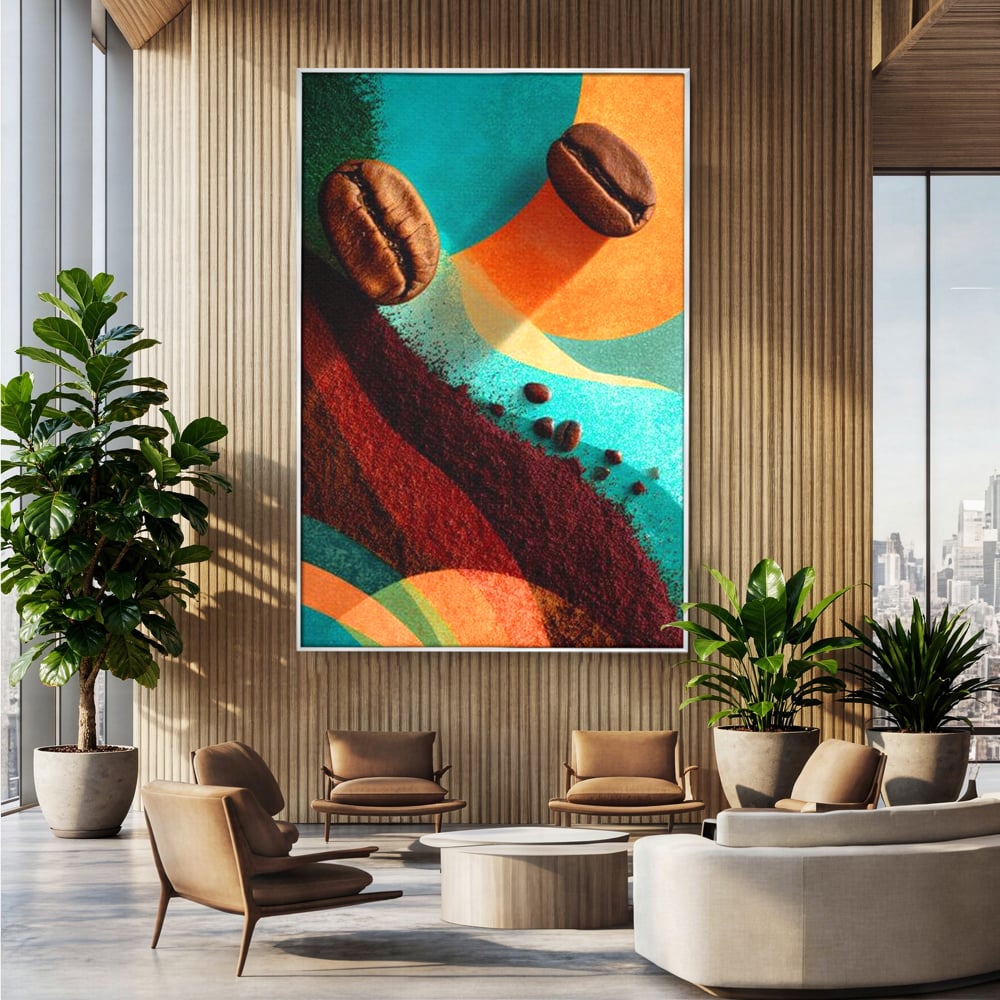 Tablou canvas cu tablou abstract cu boabe de cafea, in rama de aluminiu argintiu, pe perete intr-un birou